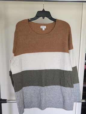 Market & Spruce Striped Crewneck Sweater in Brown, White, Olive & Gray